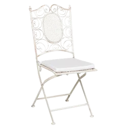 Chaise Chantilly vintage blanche en fer forgé avec coussin écru