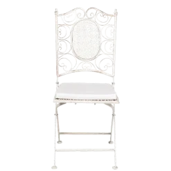 Chaise Chantilly vintage blanche en fer forgé avec coussin écru