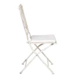 Chaise Chantilly vintage blanche en fer forgé avec coussin écru