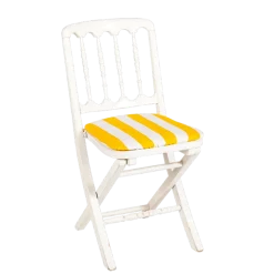 Chaise Napoléon III blanche pliante avec galette rayée jaune
