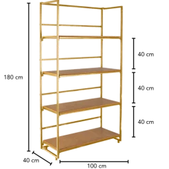 Etagère dorée et bois 40 x 100 cm H 180 cm