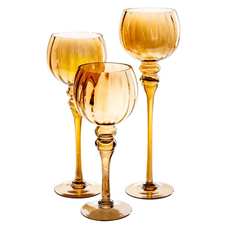 Lot de 3 bougeoirs en verre dorés sur pied H 30,5 - 35,5 - 40 cm