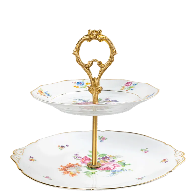 Serviteur Vintage 2 étages fleuri Ø 23-25 cm H 20-22 cm