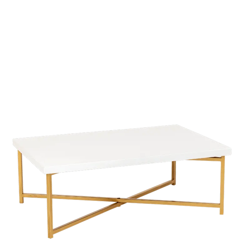 Table basse croisée or plateau blanc 64 x 101 cm H 35 cm
