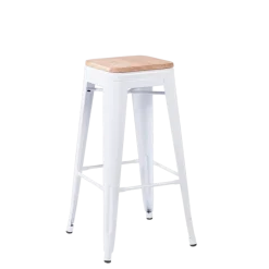 Tabouret industriel blanc assise bois H 78 cm