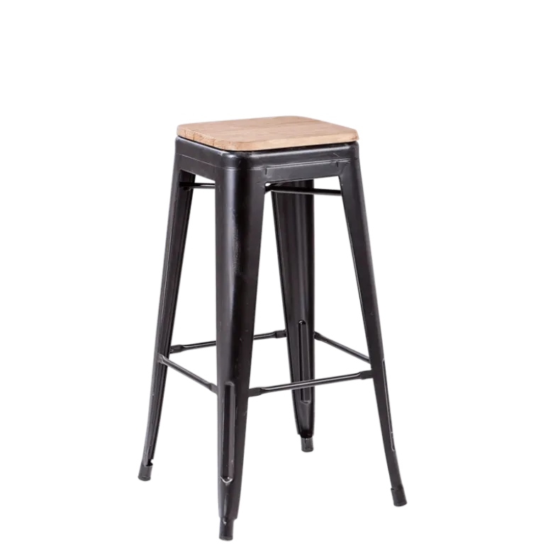 Tabouret industriel noir assise bois H 78 cm